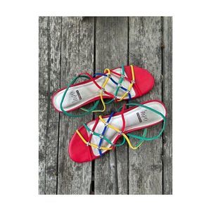 Vintage | 90s IMPO Rainbow Strappy Sandals Stretch Rylie Low Heel Primary Color